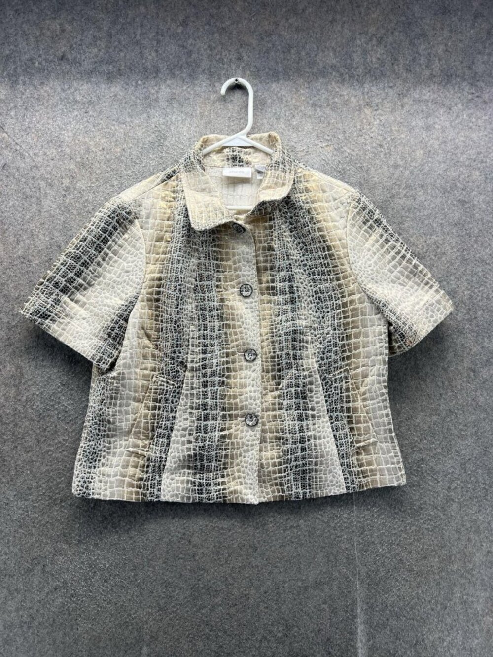 Chico's Blouse Women 2 Beige Animal Print Collared Short Sleeve Woven Button Up